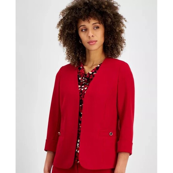 Kasper Women's Cuffed Open-Front Collarless Formal Jacket Blazer Fire Red 6P - Picture 2 of 7